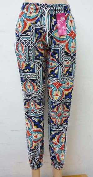 Women's Summer Linen Pants High Waisted Drawstring Printed Bohemian Trousers
